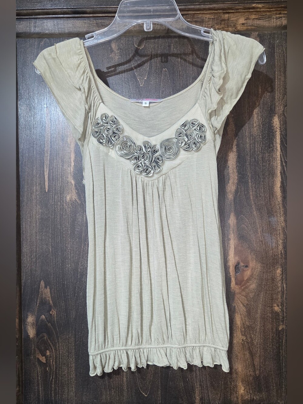 Vintage Y2K Sage Green Grunge Fairy babydoll top featuring Rosette Appliques